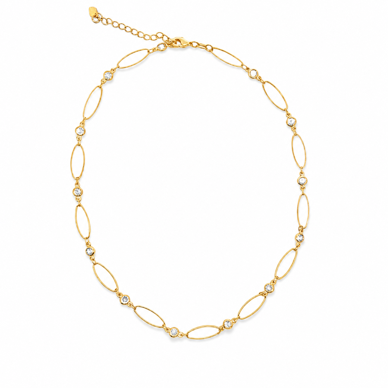 Delicate Gold Filled Bracelet necklace featuring elongated oval links and sparkling cubic zirconia stations. Lightweight, elegant, and perfect for layering.