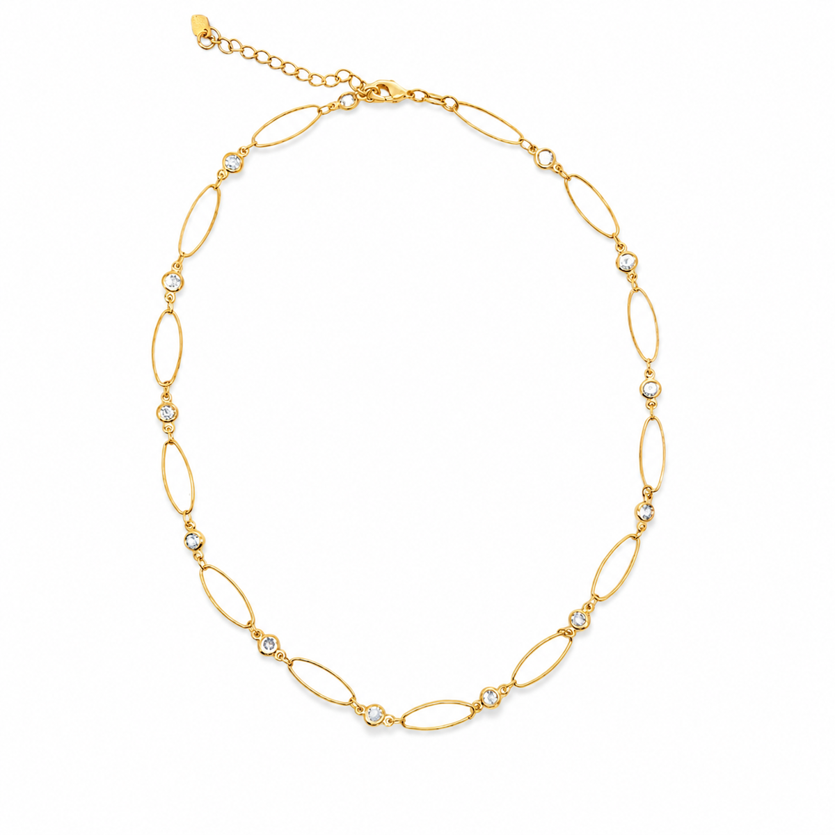 Delicate Gold Filled Bracelet necklace featuring elongated oval links and sparkling cubic zirconia stations. Lightweight, elegant, and perfect for layering.