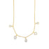 A delicate gold box chain necklace dangles charming crystal charms shaped like hearts and teardrops.