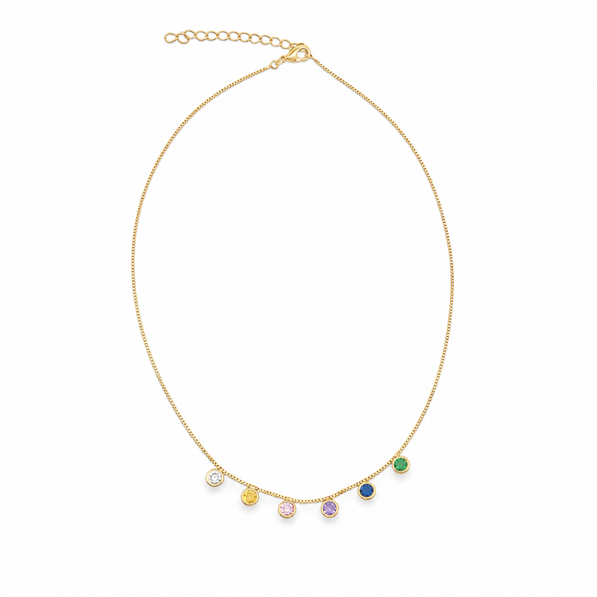 Delicate 14-inch rainbow CZ choker necklace featuring multicolor bezel-set crystals on a fine box chain. Elegant, lightweight, and perfect for layering.