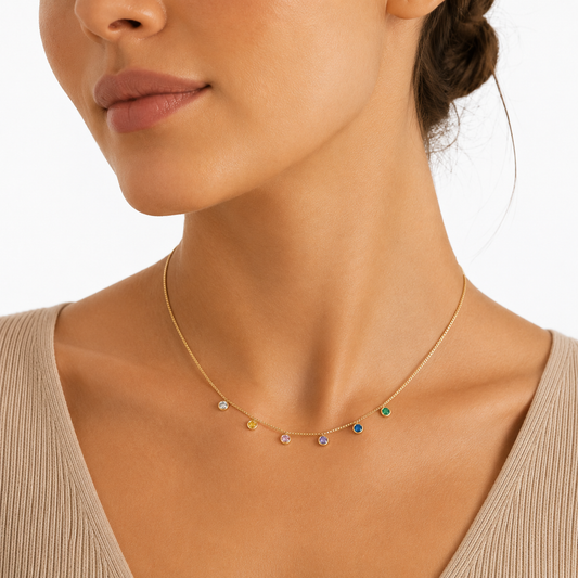 Delicate 14-inch rainbow CZ choker necklace featuring multicolor bezel-set crystals on a fine box chain. Elegant, lightweight, and perfect for layering.