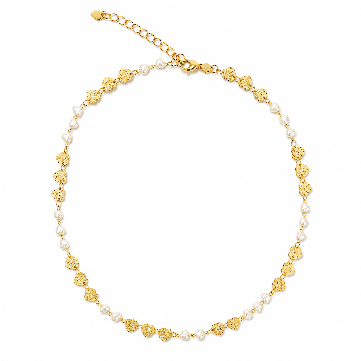 A delicate gold necklace features alternating textured heart charms and small white pearls arranged in a circular pattern against a clean white background.