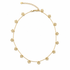 A delicate gold chain necklace displays dangling filigree heart charms arranged in a circle on a white background.