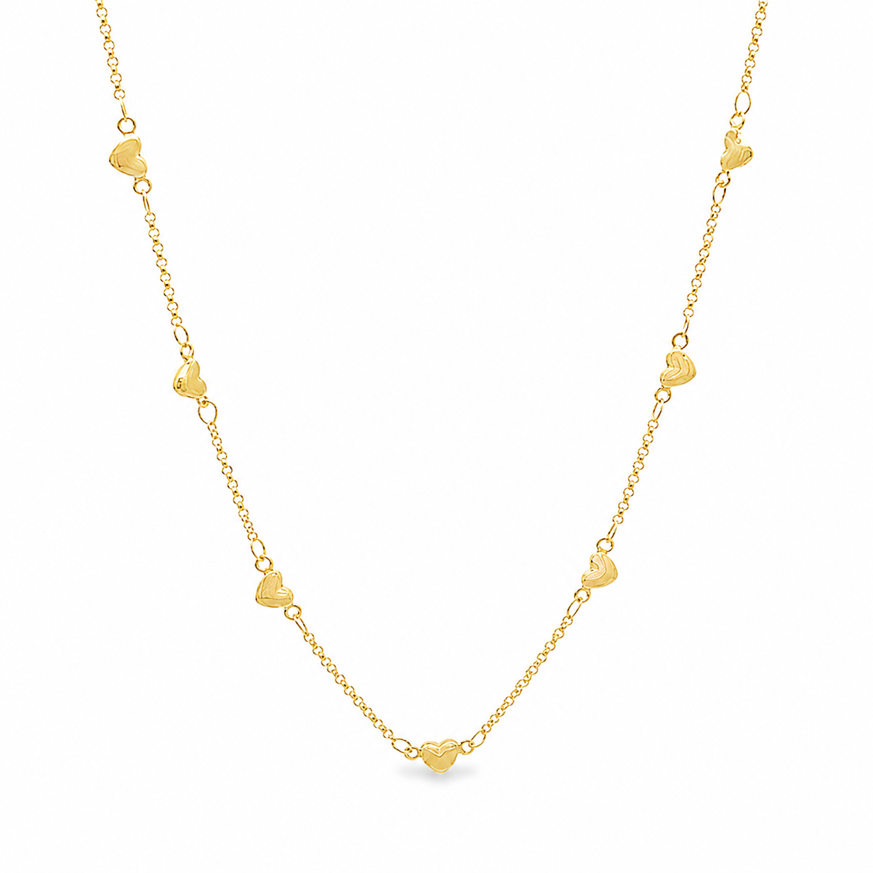 Elegant gold heart station necklace and bracelet set featuring delicate heart charms. Lightweight, minimalist, and perfect for everyday wear or gifting.