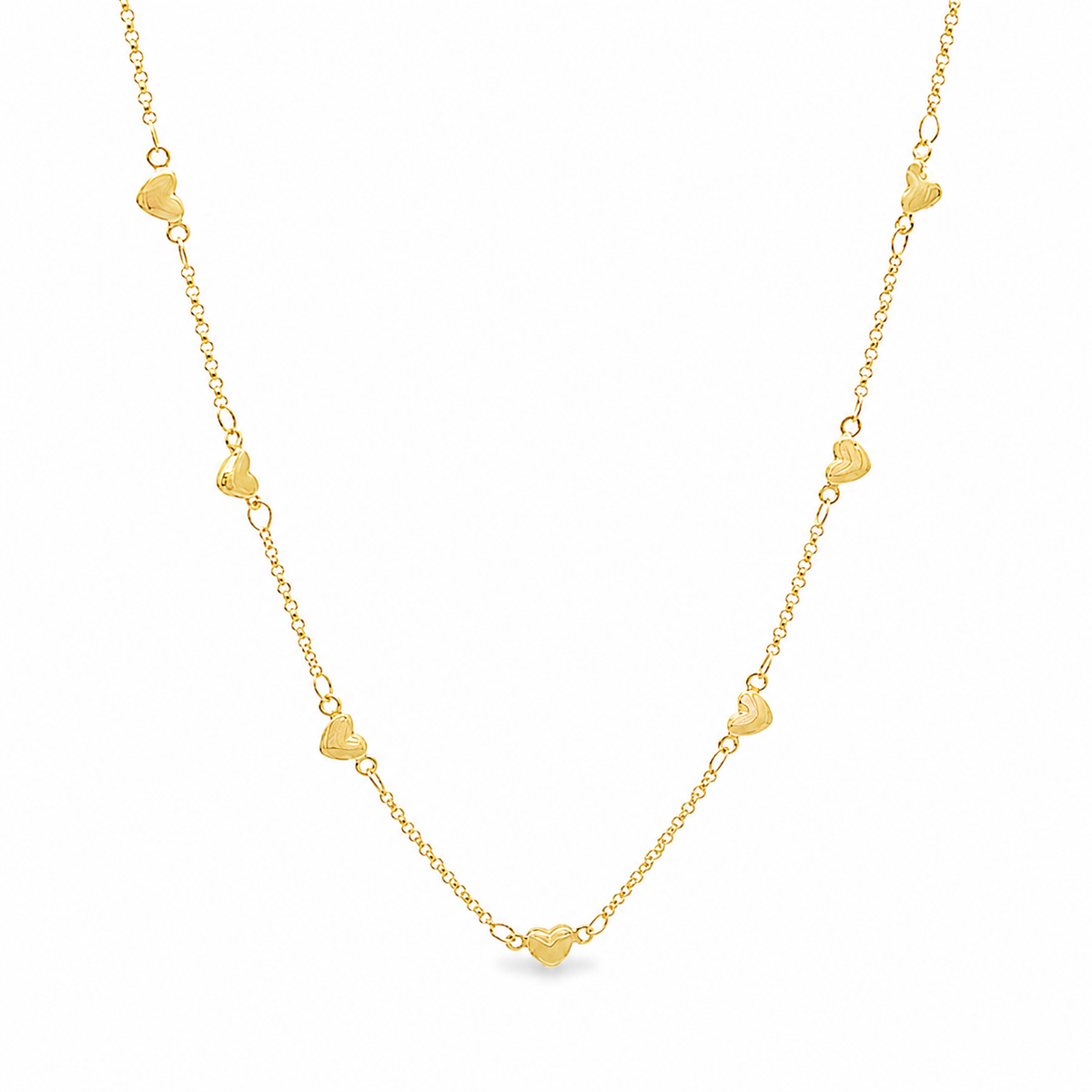 Elegant gold heart station necklace and bracelet set featuring delicate heart charms. Lightweight, minimalist, and perfect for everyday wear or gifting.