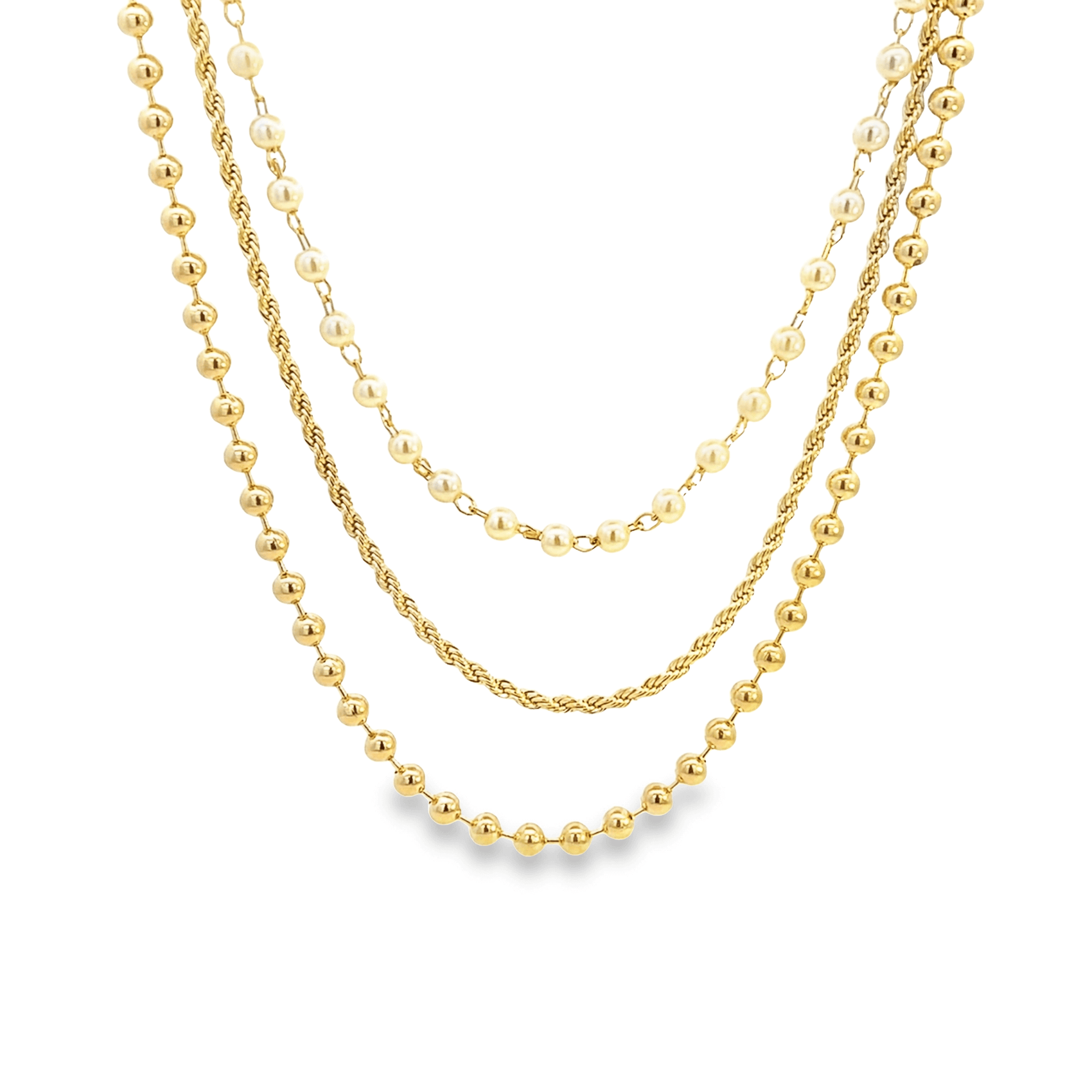 A layered gold chain necklace features a combination of beaded strands, pearls, and a twisted rope design.