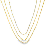 Modern triple layer necklace with paperclip, baguette and beaded chains. Minimalist layered jewelry available in gold or silver. Perfect for everyday wear.