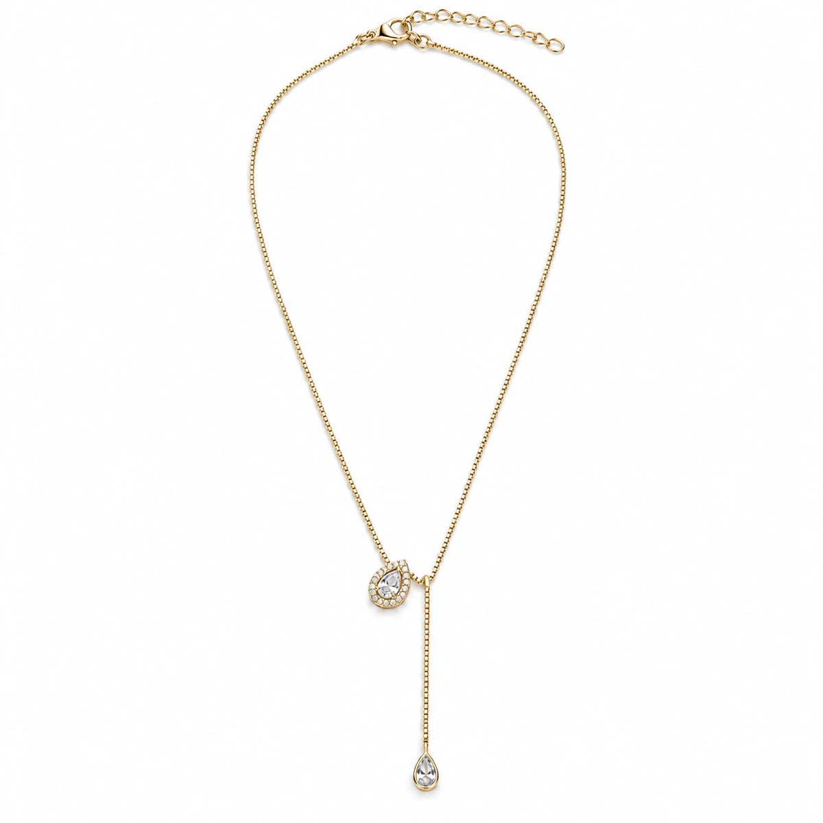 Shop the Teardrop CZ Lariat Necklace featuring sparkling cubic zirconia, a teardrop center pendant, and an elegant dangling drop for a refined Y-necklace look.