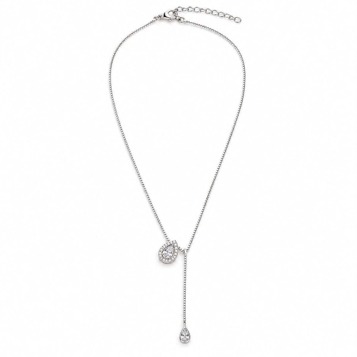 Shop the Teardrop CZ Lariat Necklace featuring sparkling cubic zirconia, a teardrop center pendant, and an elegant dangling drop for a refined Y-necklace look.