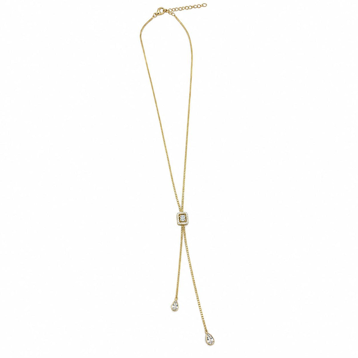 Shop the Square CZ Lariat Necklace featuring a sparkling square CZ centerpiece and two teardrop drops for an elegant, elongated Y-necklace look.