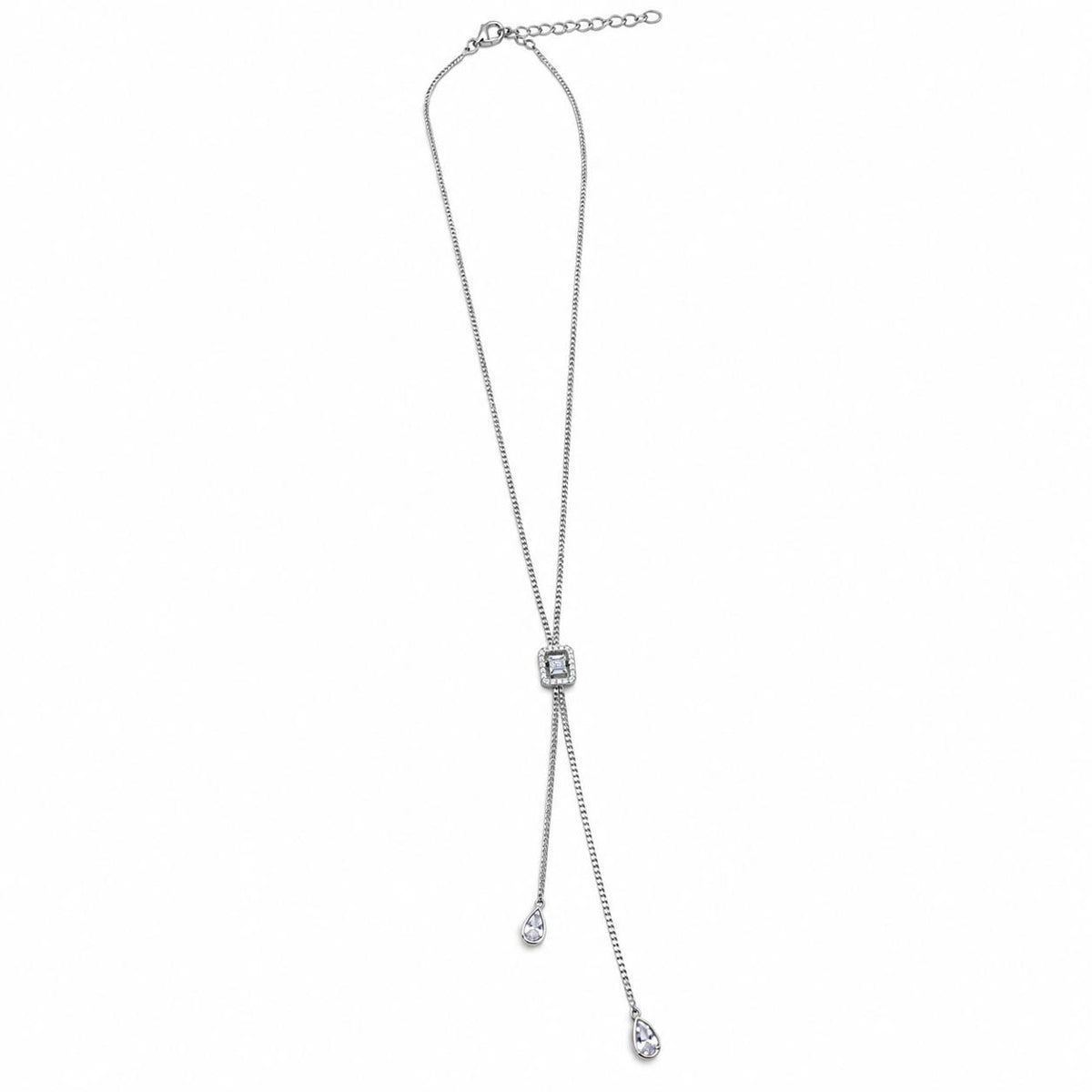 Shop the Square CZ Lariat Necklace featuring a sparkling square CZ centerpiece and two teardrop drops for an elegant, elongated Y-necklace look.