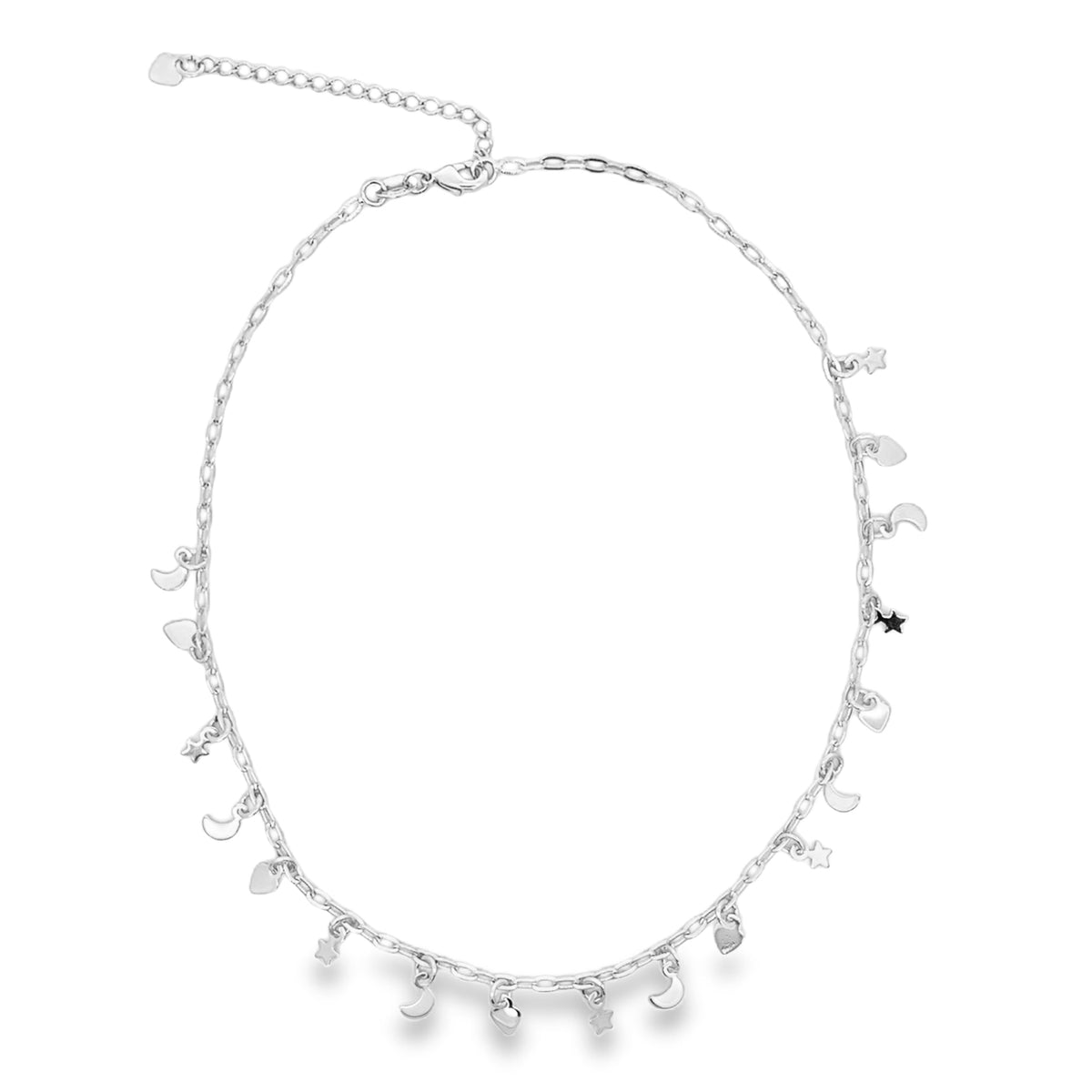 A silver charm necklace dangles against a white background, featuring celestial charms like stars and crescent moons alongside tiny hearts.