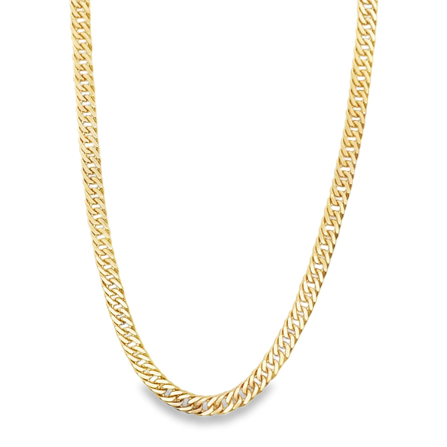 A shiny gold Miami Cuban link chain necklace drapes against a white background.