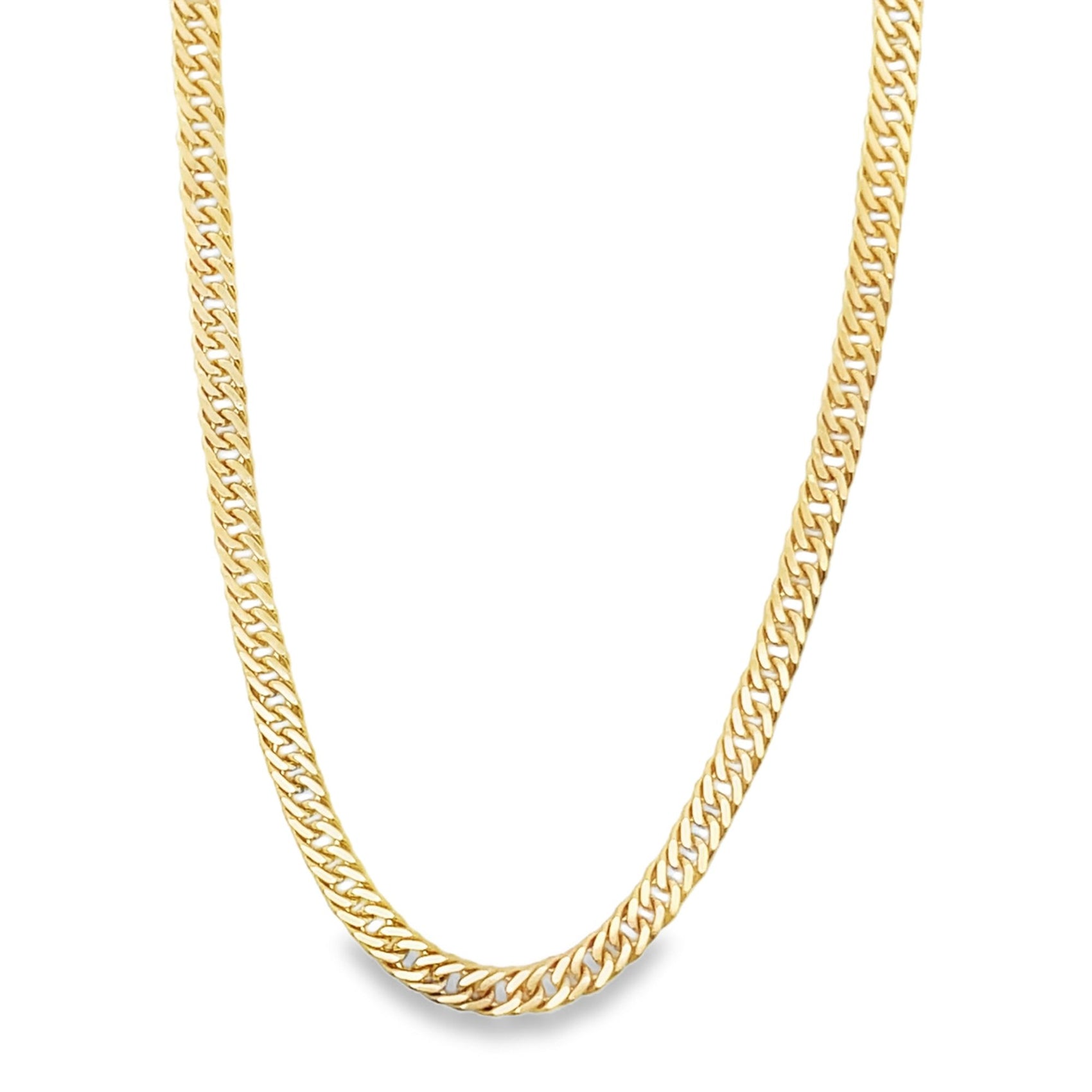 A shiny gold Miami Cuban link chain necklace drapes against a white background.