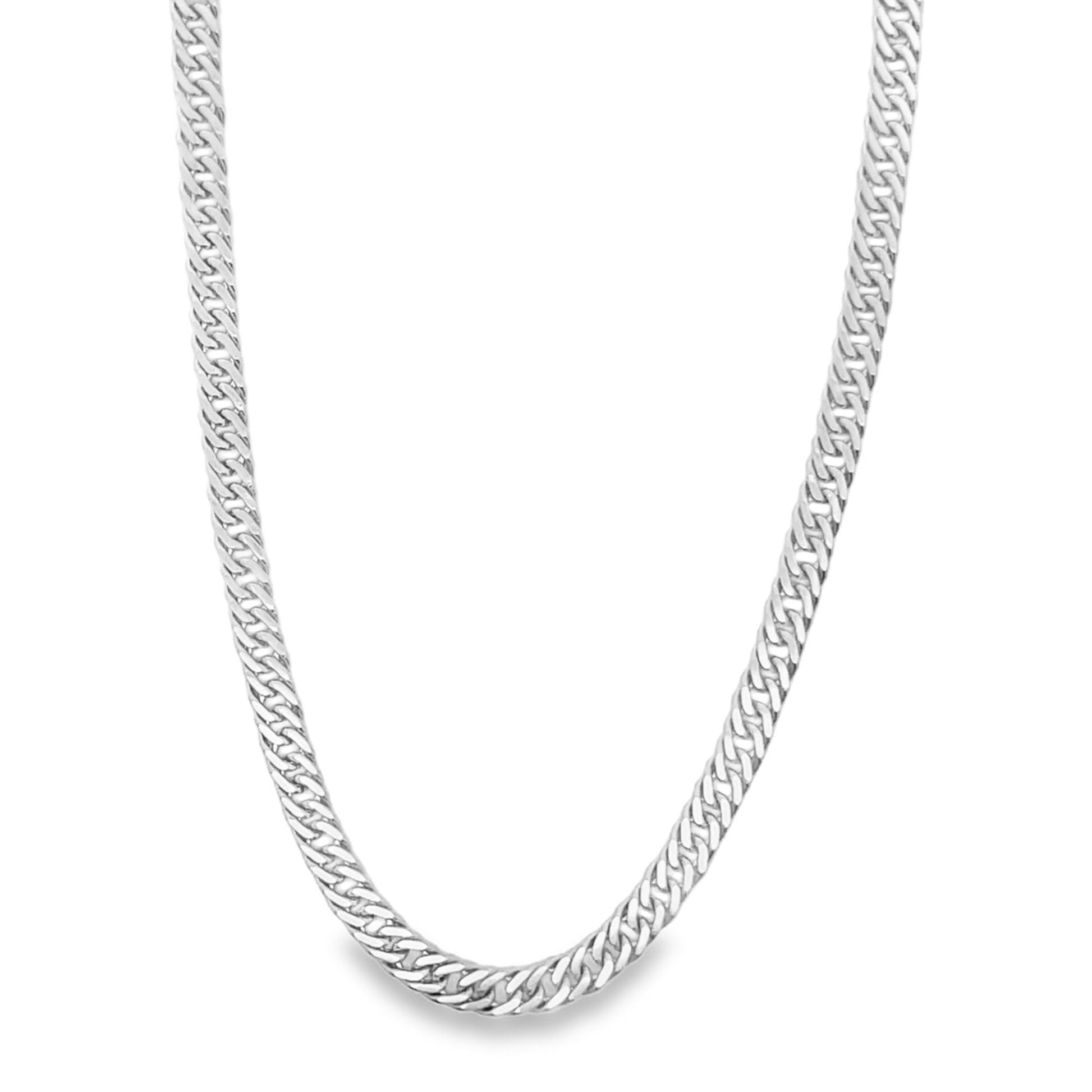 A sleek silver curb chain necklace rests against a plain white background.