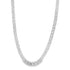 A sleek silver curb chain necklace rests against a plain white background.
