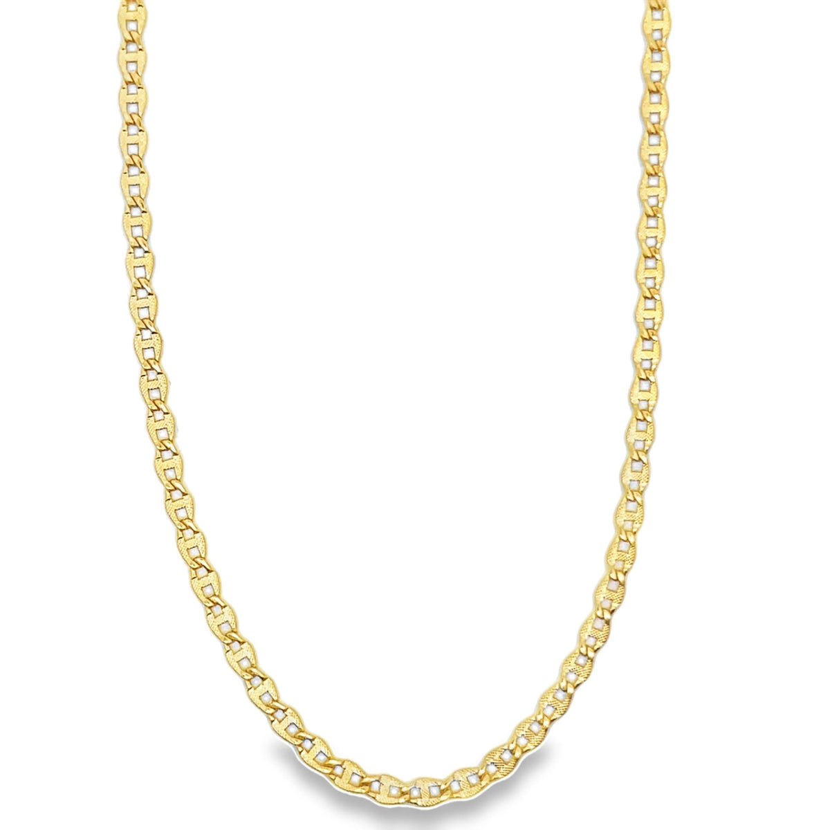 A gleaming yellow gold flat mariner chain necklace curves gracefully against a clean white background.