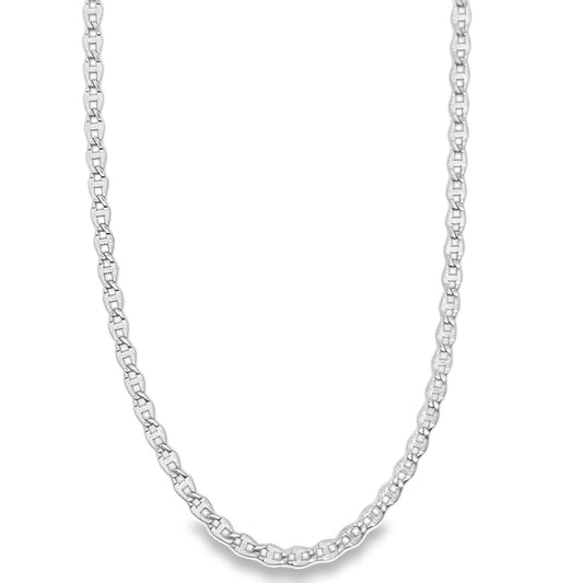 A polished silver mariner link chain necklace drapes elegantly against a clean white background.