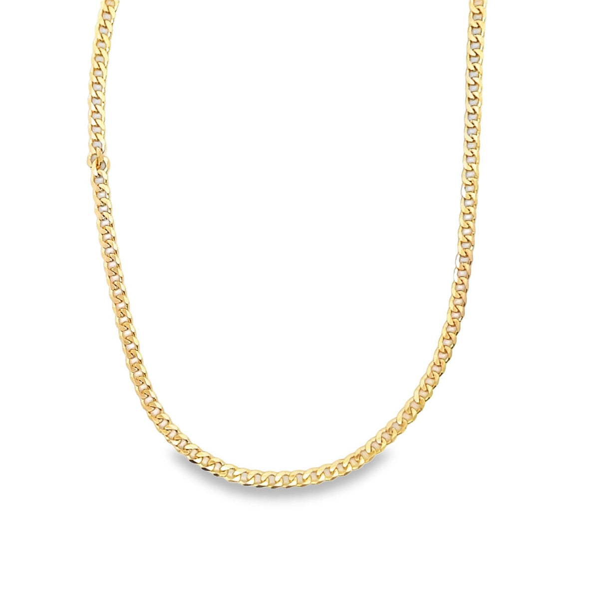 A gleaming gold curb chain necklace rests gracefully in a U-shape against a plain white background.