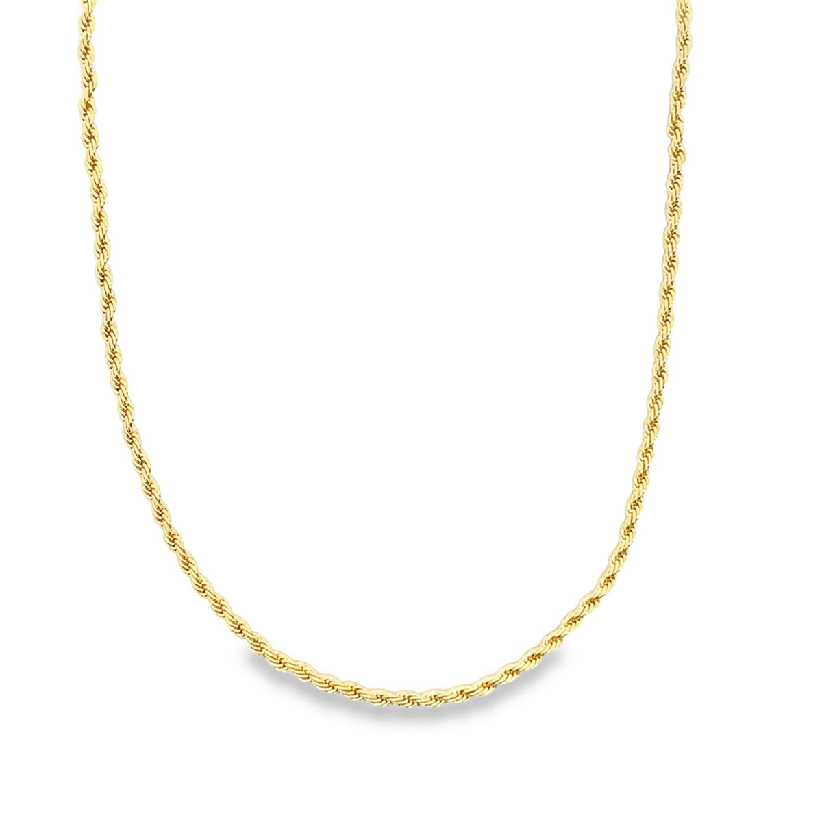 A gleaming yellow gold rope chain necklace curves gracefully against a plain white background.