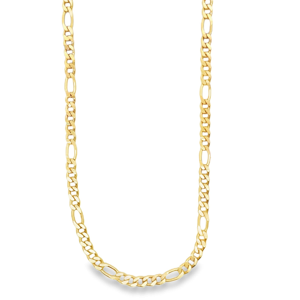A shiny gold Figaro chain necklace rests in a gentle U-shape against a plain white background.