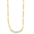 A shiny gold Figaro chain necklace rests in a gentle U-shape against a plain white background.