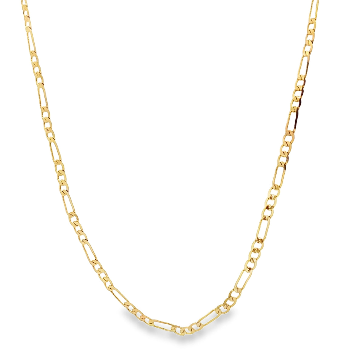 A delicate gold Figaro link chain necklace drapes gracefully against a plain white background.