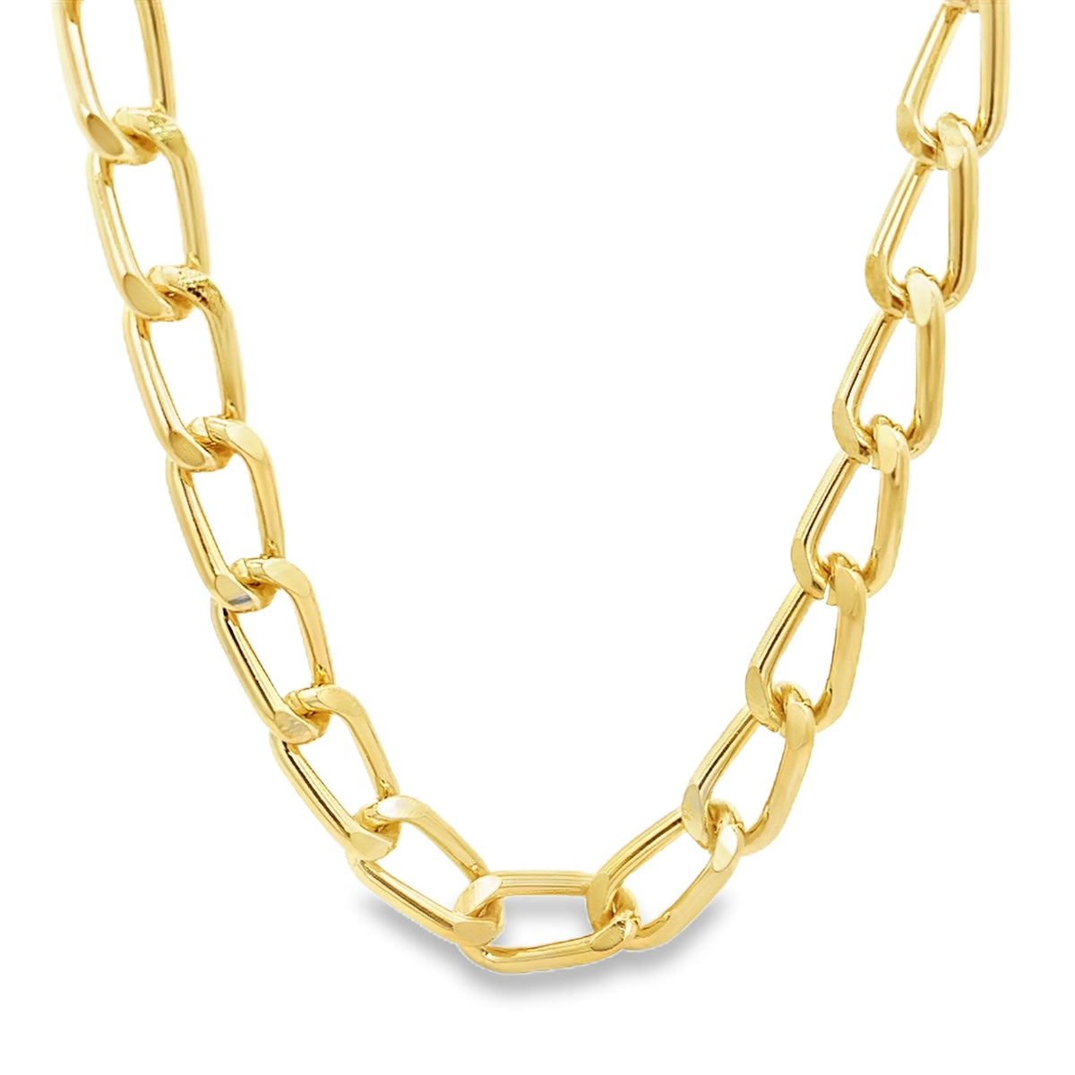 A thick, polished yellow gold link chain necklace drapes against a clean white background.
