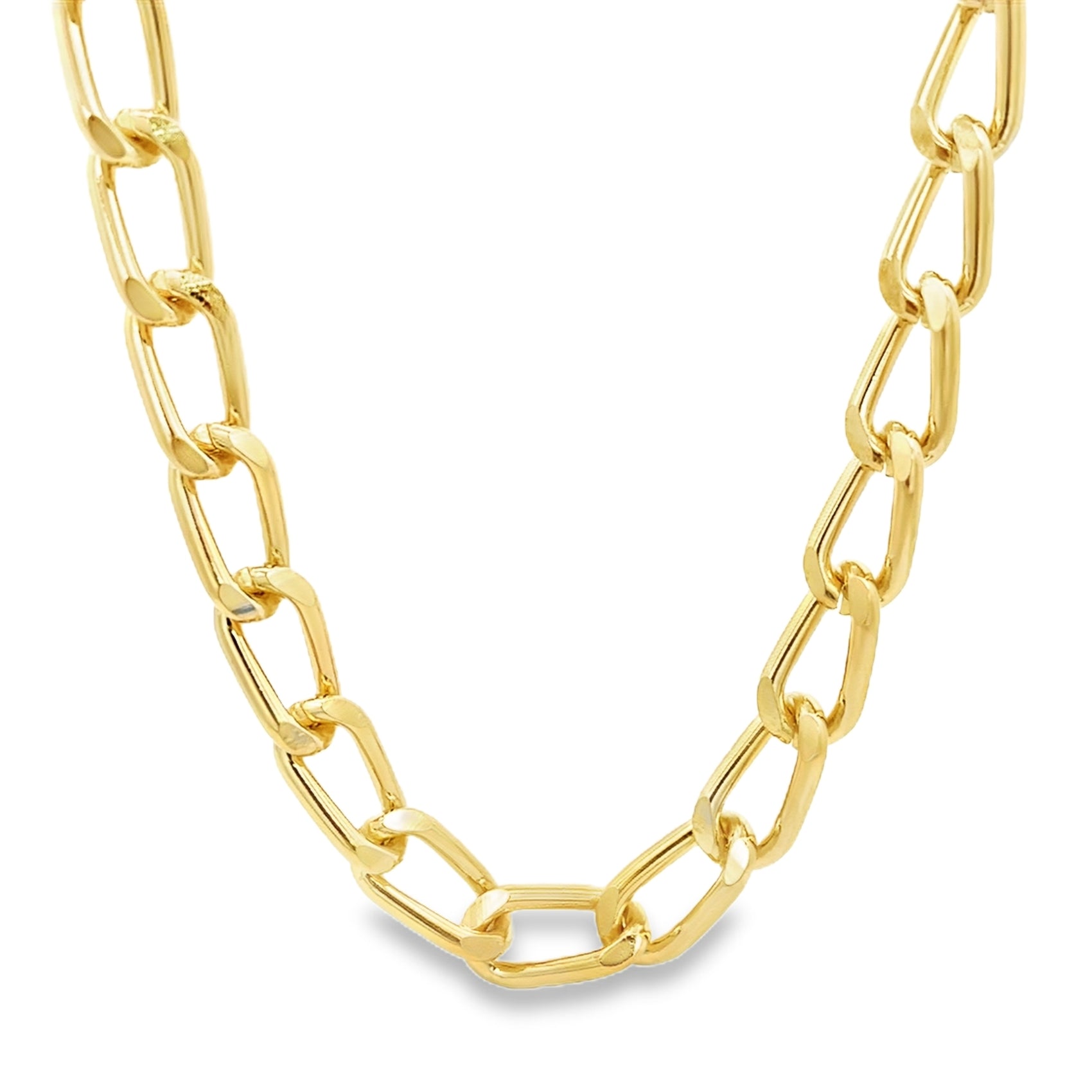 A thick, polished yellow gold link chain necklace drapes against a clean white background.
