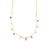 A delicate gold chain necklace dangles multicolored gemstone charms against a plain white background.