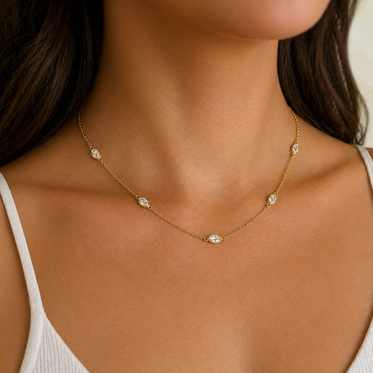 Elegant 18K gold filled choker and bracelet set with oval bezel crystals. 