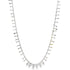 A delicate silver chain necklace features shimmering drop charms dangling evenly along its length.