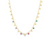 A delicate gold chain necklace dangles colorful gemstone charms and small gold beads against a clean white background.