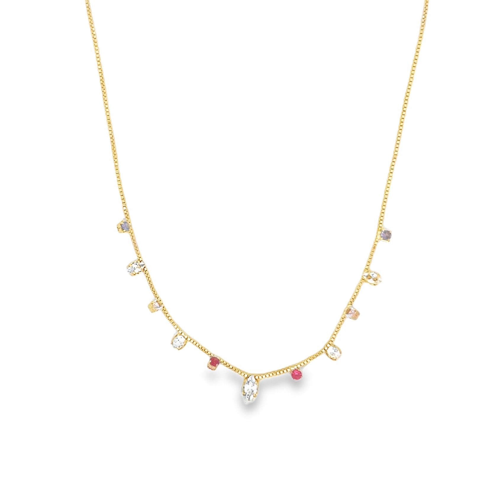 A delicate gold chain necklace dangles gracefully against a white background, featuring dangling multicolored gemstone charms.