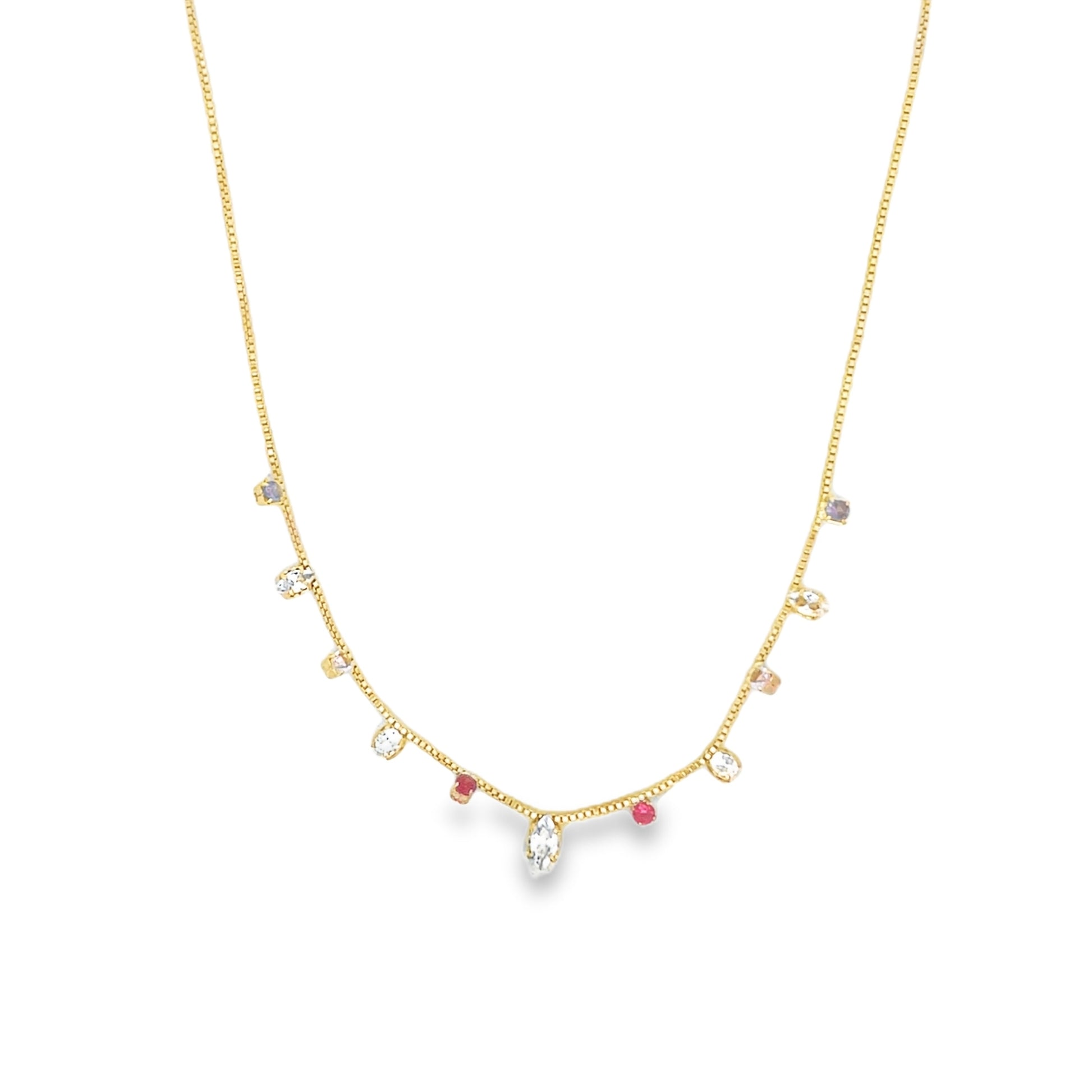 A delicate gold chain necklace dangles gracefully against a white background, featuring dangling multicolored gemstone charms.