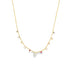 A delicate gold chain necklace dangles gracefully against a white background, featuring dangling multicolored gemstone charms.