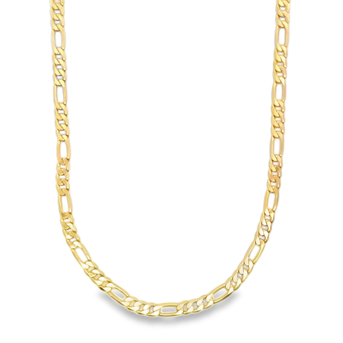 A gleaming yellow gold Figaro chain necklace displays its classic alternating link pattern against a clean white background.