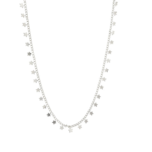 A delicate silver chain necklace features dangling miniature star charms evenly spaced along its length against a clean white background.