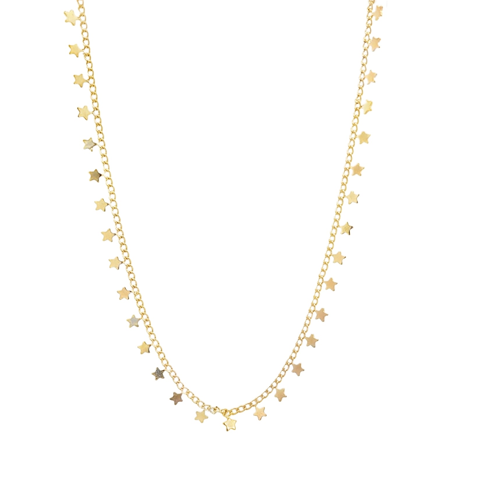 A delicate gold chain necklace dangles charmingly, featuring numerous tiny star charms evenly spaced along its length.