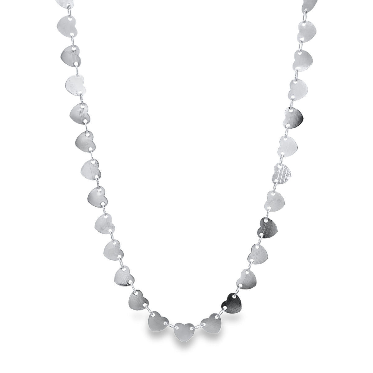 A delicate silver necklace features a continuous chain of small, interlocking metal hearts against a clean white background.