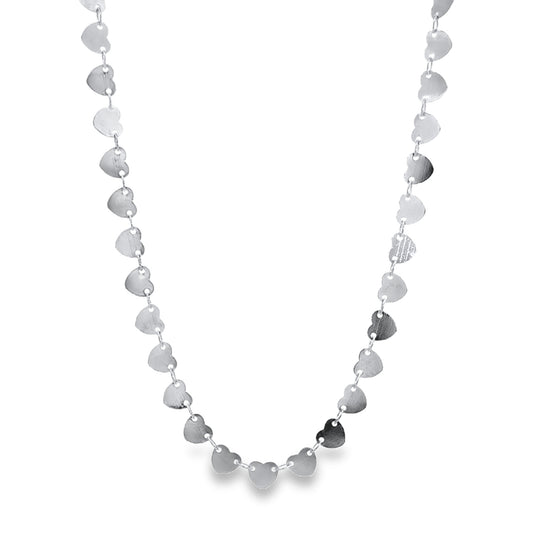 A delicate silver necklace features a continuous chain of small, interlocking metal hearts against a clean white background.
