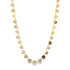 A delicate gold chain necklace drapes in a loop, featuring multiple shiny heart-shaped charms dangling along its length against a plain white background.