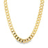 A thick yellow gold cuban link chain necklace curves gracefully against a plain white background.