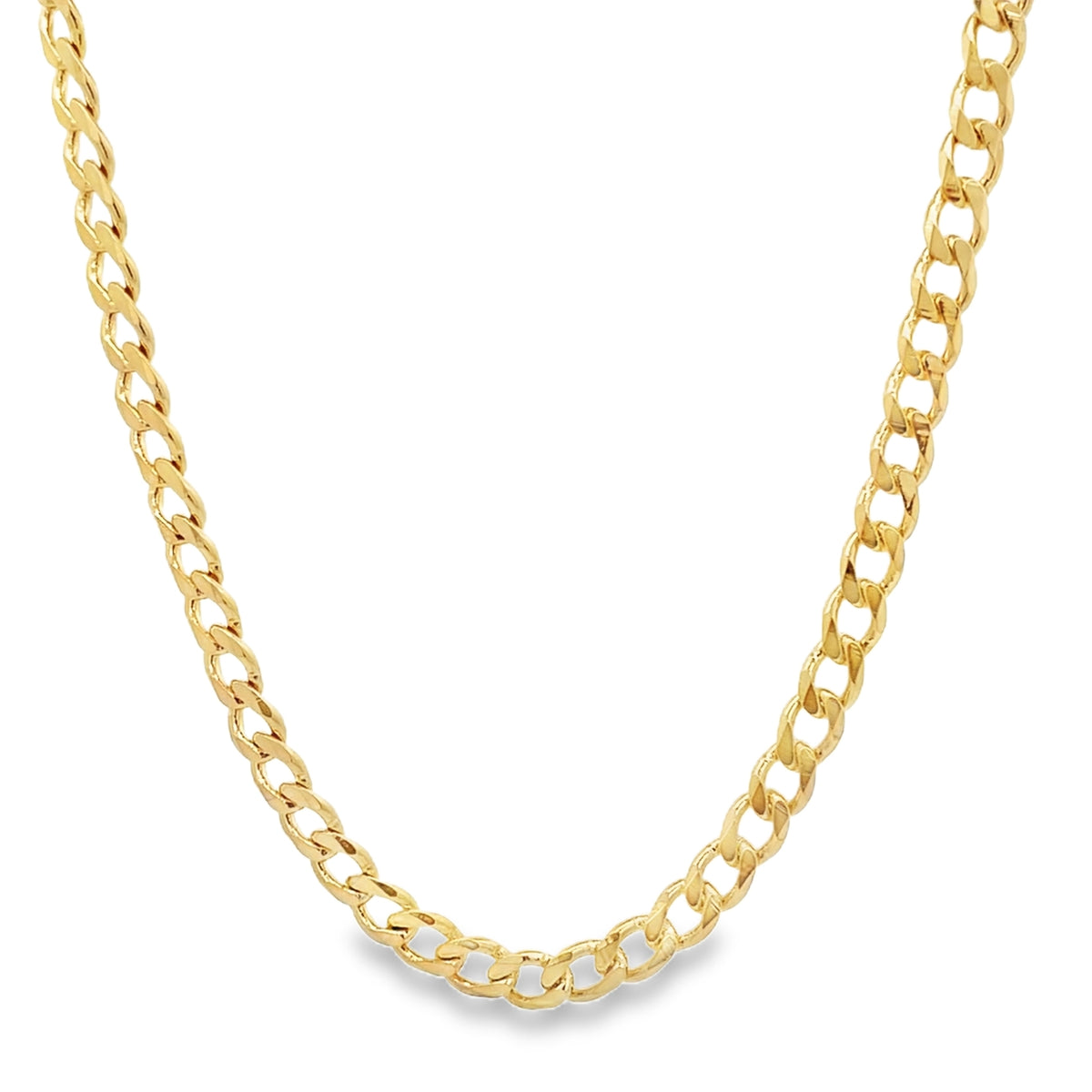 A polished yellow gold curb chain necklace curves gracefully against a plain white background.