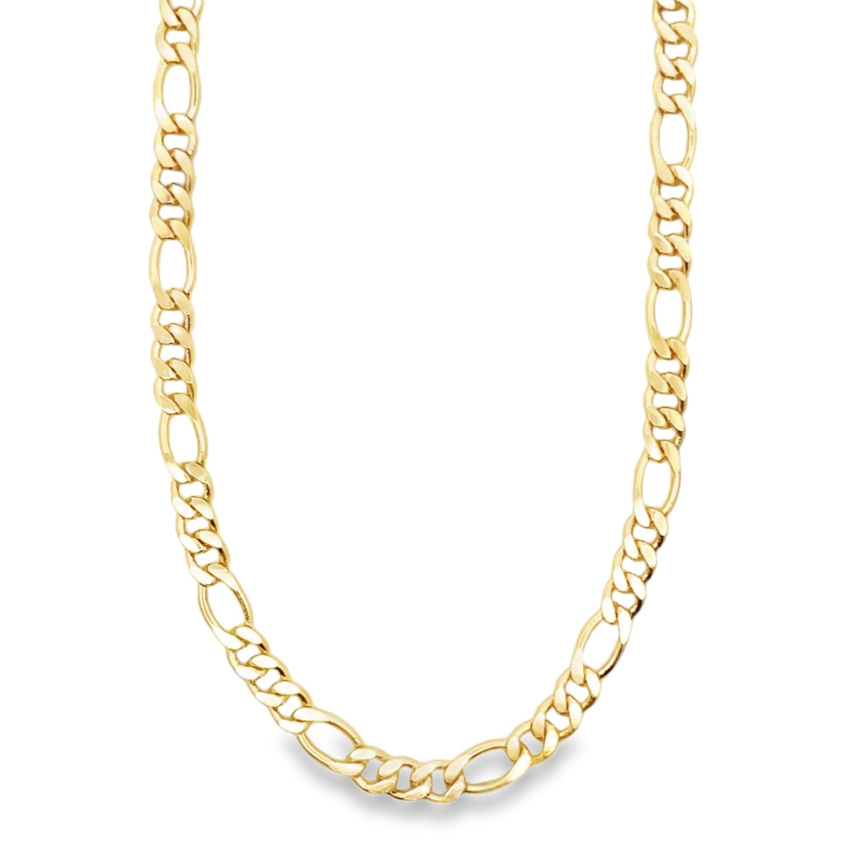 A gleaming yellow gold Figaro chain necklace curves gracefully against a plain white background.