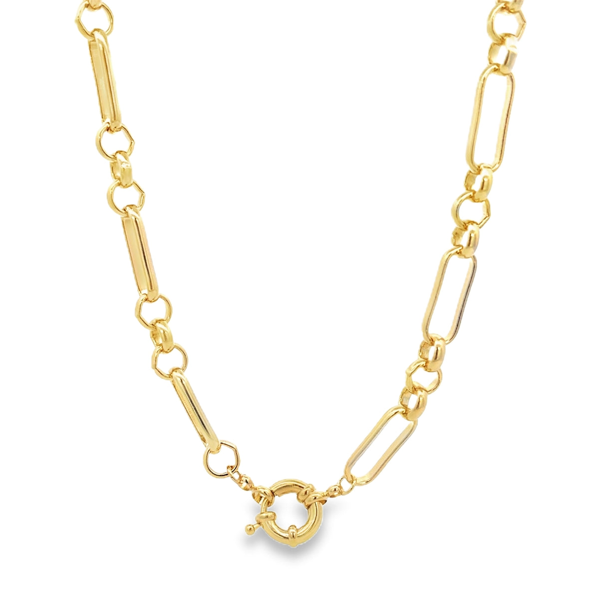 A gleaming gold paperclip chain necklace features alternating elongated links and small round rings connected by a spring ring clasp.