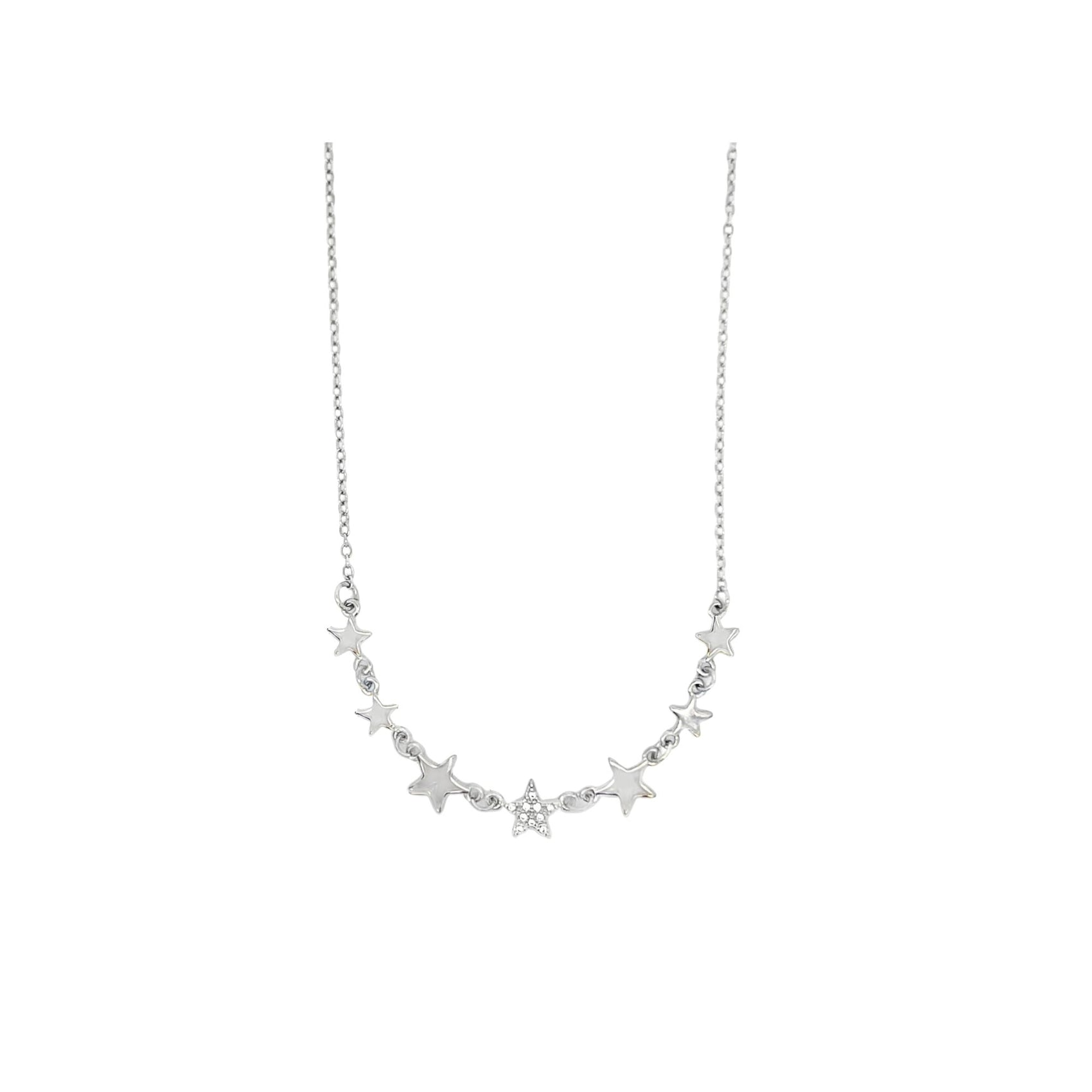 A delicate silver star-studded necklace features a central pavé-set star charm dangling against a white background.