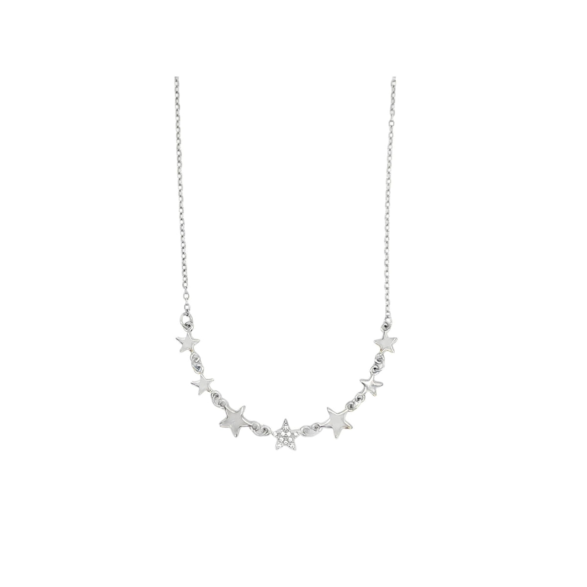 A delicate silver star pendant necklace sparkles against a plain white background.