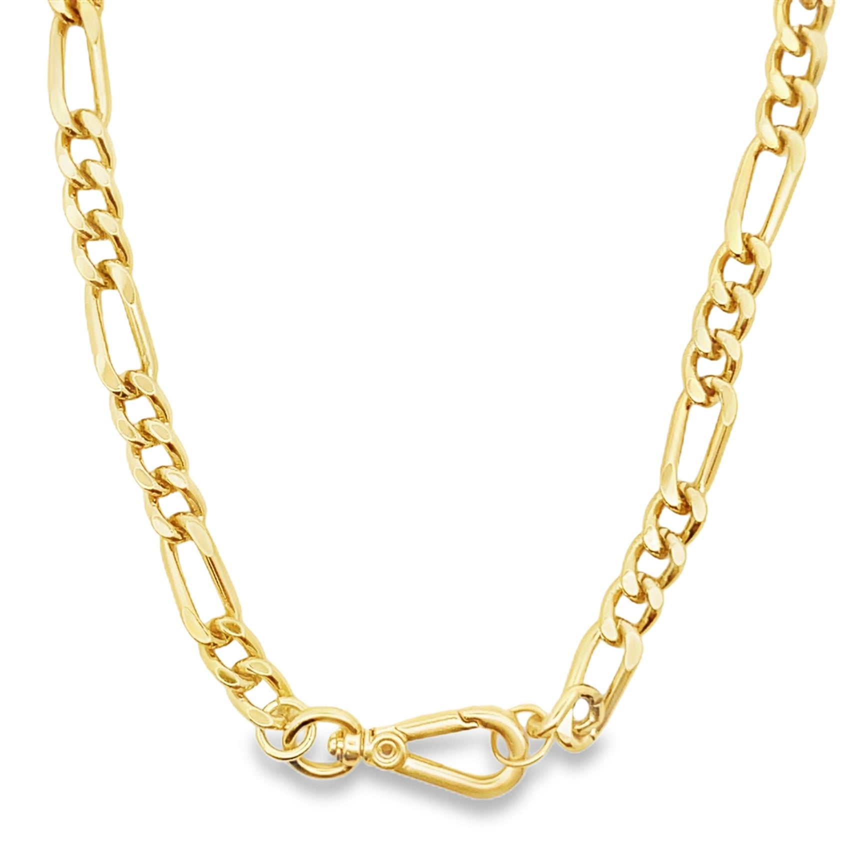 A polished gold Figaro chain necklace features an interlocking link pattern and a secure lobster clasp closure.