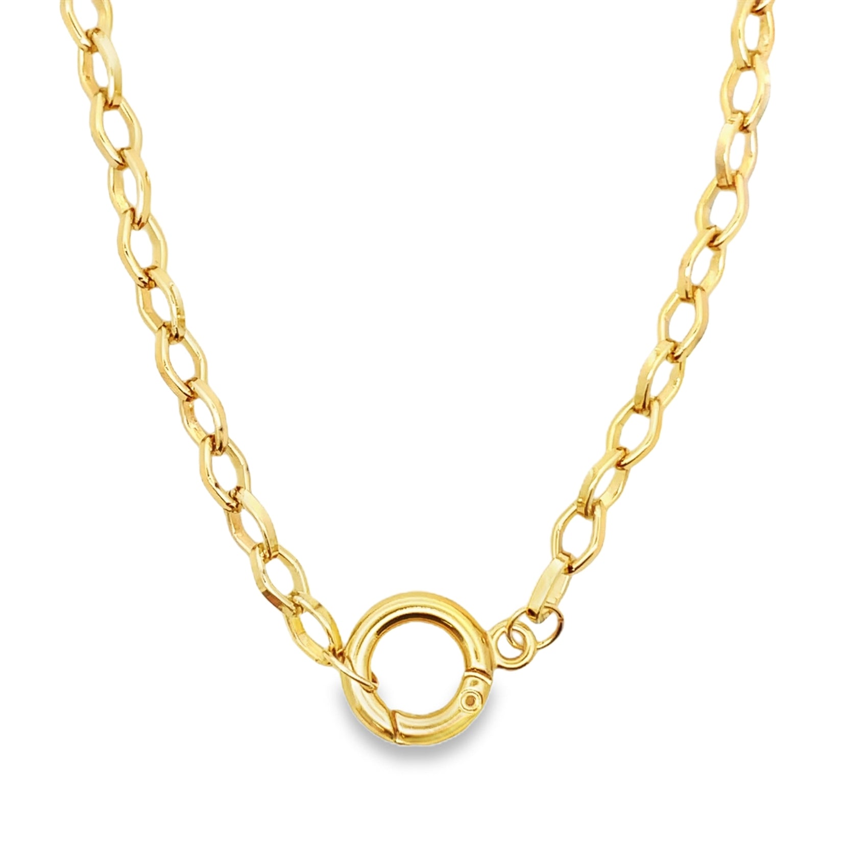 A polished yellow gold cable chain necklace showcases a secure spring ring clasp centered against a plain white background.